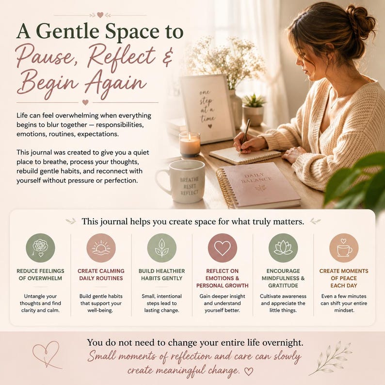 Op de afbeelding: Afbeelding van een vrouw die in een dagboek schrijft met de tekst "A Gentle Space to Pause, Reflect & Begin Again." De afbeelding bevat een mok, een kaars en een ingelijste print. Het dagboek heet "Daily Balance."