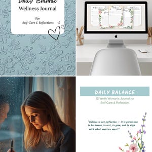 Op de afbeelding: Een wellness-dagboek met de titel "Daily Balance" en de ondertitel "Wellness Journal For Self-Care & Reflections" wordt getoond. Het dagboek heeft een lichtblauwe bloemreli&euml;f cover. De afbeelding toont ook een computerscherm met dagboekpagina's.
