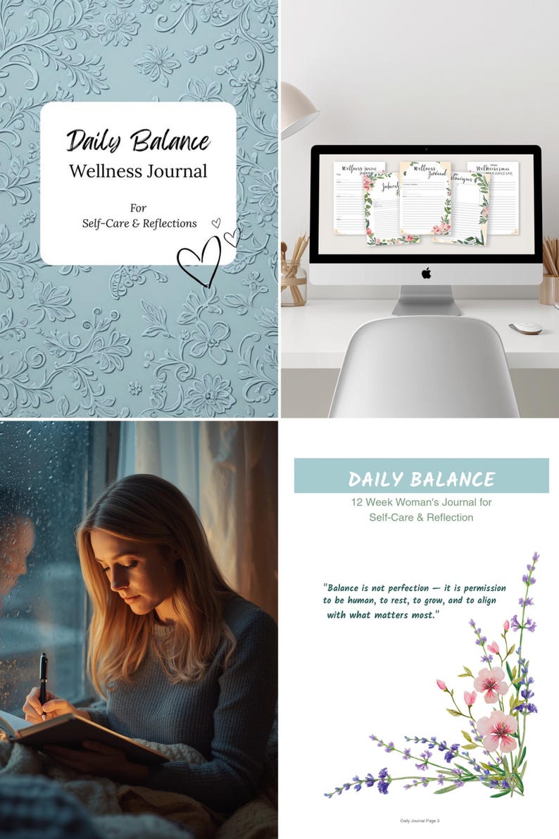 Op de afbeelding: Een wellness-dagboek met de titel "Daily Balance" en de ondertitel "Wellness Journal For Self-Care & Reflections" wordt getoond. Het dagboek heeft een lichtblauwe bloemreli&euml;f cover. De afbeelding toont ook een computerscherm met dagboekpagina's.