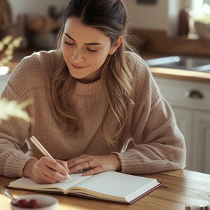 Op de afbeelding: Een persoon schrijft in een blanco notitieboek met een pen. De persoon draagt een lichtbruine trui en heeft haar haar in een knot. Een kleine witte kom met rode bessen staat op de tafel.