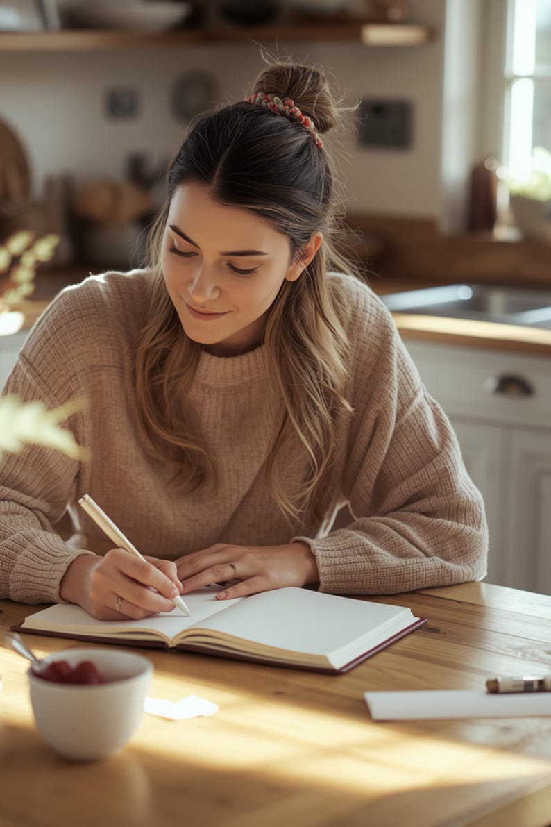 Op de afbeelding: Een persoon schrijft in een blanco notitieboek met een pen. De persoon draagt een lichtbruine trui en heeft haar haar in een knot. Een kleine witte kom met rode bessen staat op de tafel.