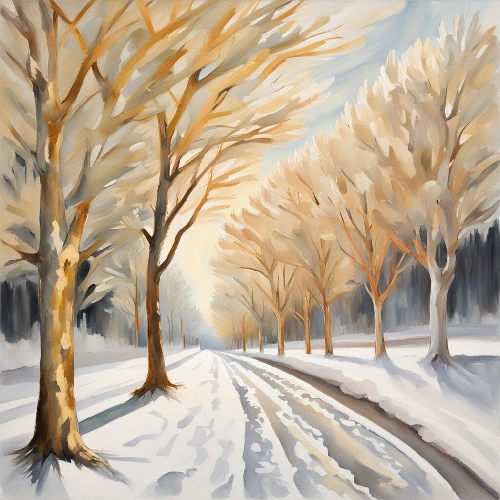 Framed Canvas Winter Snow Scene Wall Art Tree Lined Path Picture Living