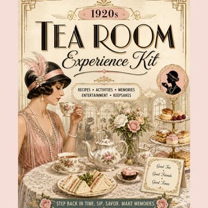 Peut inclure: Une boîte 1920s Tea Room Experience Kit illustrée avec une personne en chapeau cloche et perles buvant du thé. Le design inclut une théière florale, un présentoir à gâteaux, des sandwichs et le texte : 1920s TEA ROOM Experience Kit, RECIPES, ACTIVITIES, MEMORIES, ENTERTAINMENT, KEEPSAKES, Good Tea, Good Friends, Good Times, STEP BACK IN TIME. SIP. SAVOR. MAKE MEMORIES.