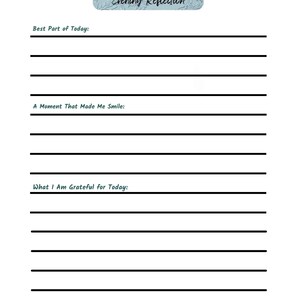 Op de afbeelding: Een witte journaalpagina met de titel "Evening Reflection" en prompts voor dagelijkse reflectie. De prompts omvatten "Best Part of Today", "A Moment That Made Me Smile" en "What I Am Grateful for Today". De pagina komt uit een dagelijks journaal.