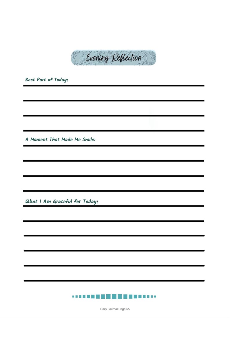 Op de afbeelding: Een witte journaalpagina met de titel "Evening Reflection" en prompts voor dagelijkse reflectie. De prompts omvatten "Best Part of Today", "A Moment That Made Me Smile" en "What I Am Grateful for Today". De pagina komt uit een dagelijks journaal.