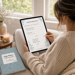 Op de afbeelding: Een persoon gebruikt een stylus om te schrijven op een tablet met een "Evening Reflection" journaalpagina. Een lichtblauw "Daily Balance Wellness Journal" ligt in de buurt. Een kopje koffie, een kaars en een vaas met bloemen staan op een kleine houten tafel.