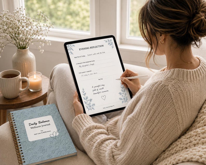 Op de afbeelding: Een persoon gebruikt een stylus om te schrijven op een tablet met een "Evening Reflection" journaalpagina. Een lichtblauw "Daily Balance Wellness Journal" ligt in de buurt. Een kopje koffie, een kaars en een vaas met bloemen staan op een kleine houten tafel.