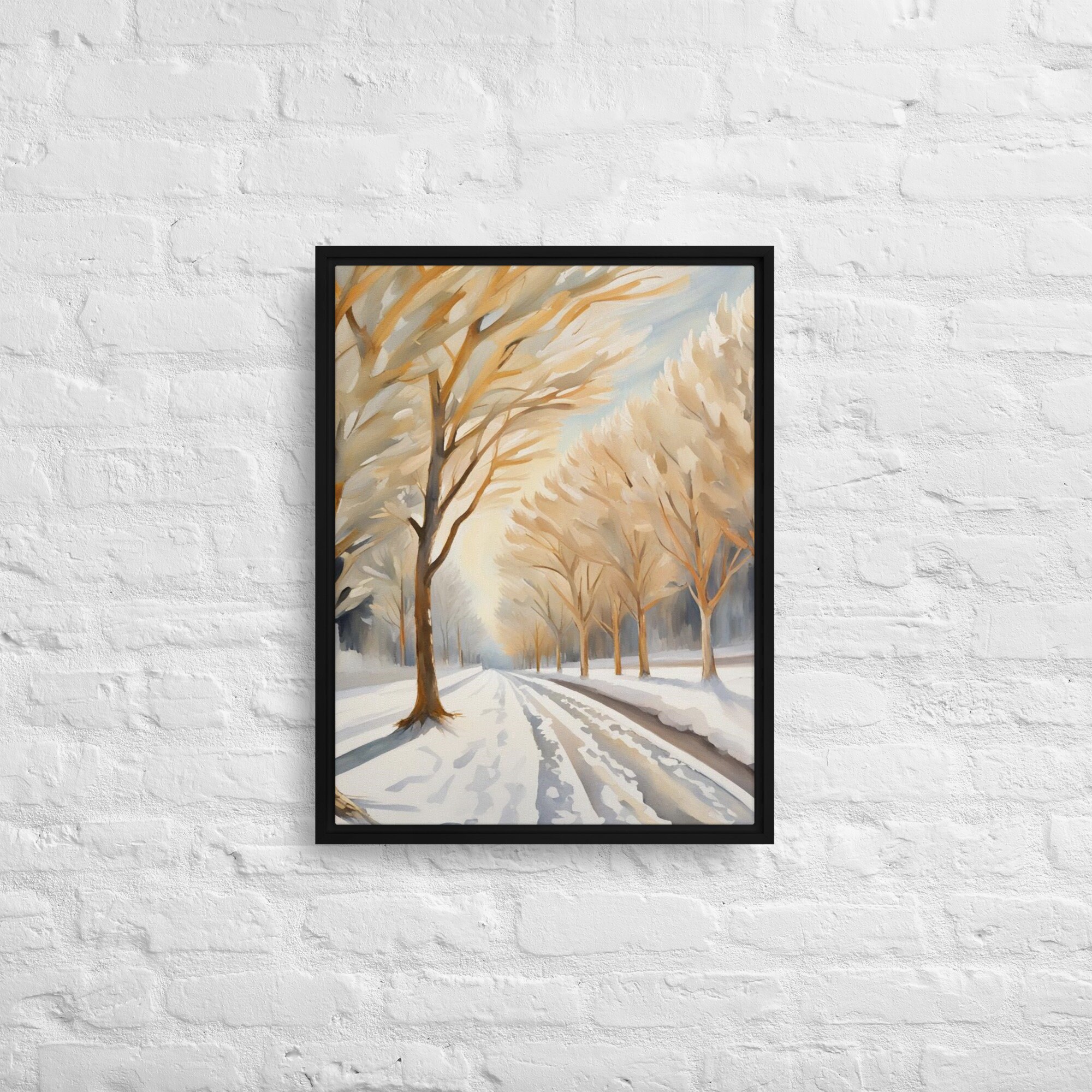 Framed Canvas Winter Snow Scene Wall Art Tree Lined Path Picture Living