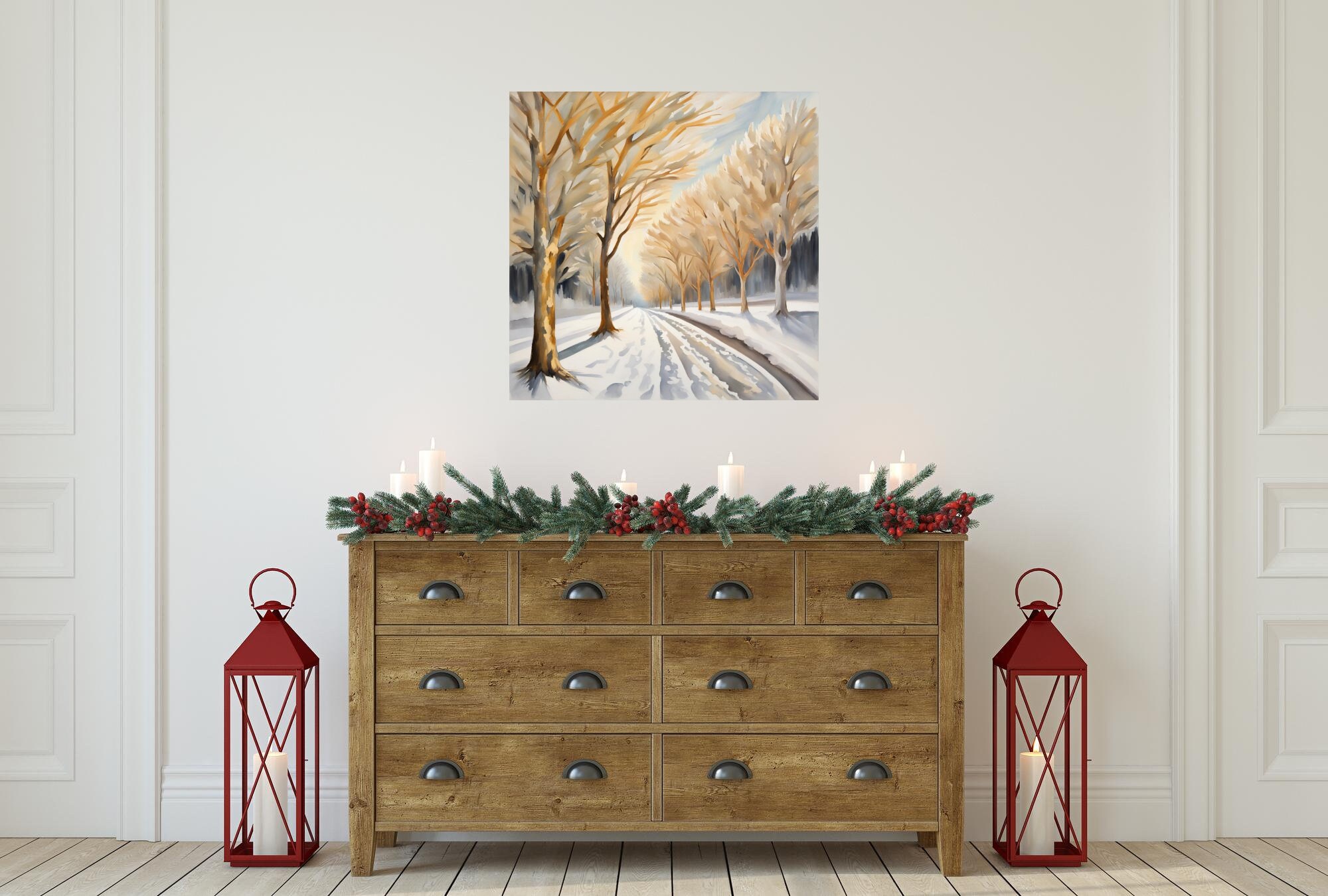 Framed Canvas Winter Snow Scene Wall Art Tree Lined Path Picture Living
