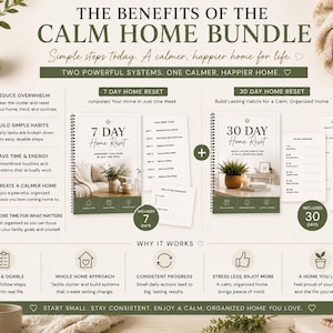 May include: An advertisement for the Calm Home Bundle, featuring a 7-day and 30-day home reset plan. The image includes a candle, a plant, and text that reads "Simple steps today. A calmer, happier home for life."