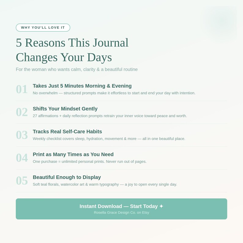 Op de afbeelding: Een digitale advertentie in teal en wit voor een journal, die de voordelen ervan benadrukt. De tekst luidt "5 Reasons This Journal Changes Your Days" en bevat functies zoals het volgen van zelfzorg gewoonten. Bevat de tekst "Instant Download - Start Today".