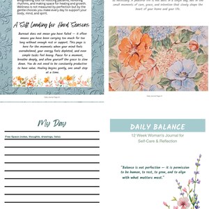 Op de afbeelding: Een dagboek met de titel "DAILY BALANCE" en de ondertitel "12 Week Woman's Journal for Self-Care & Reflection". Het dagboek bevat secties voor dagelijkse notities, aantekeningen en reflecties, met bloemenillustraties en inspirerende citaten.
