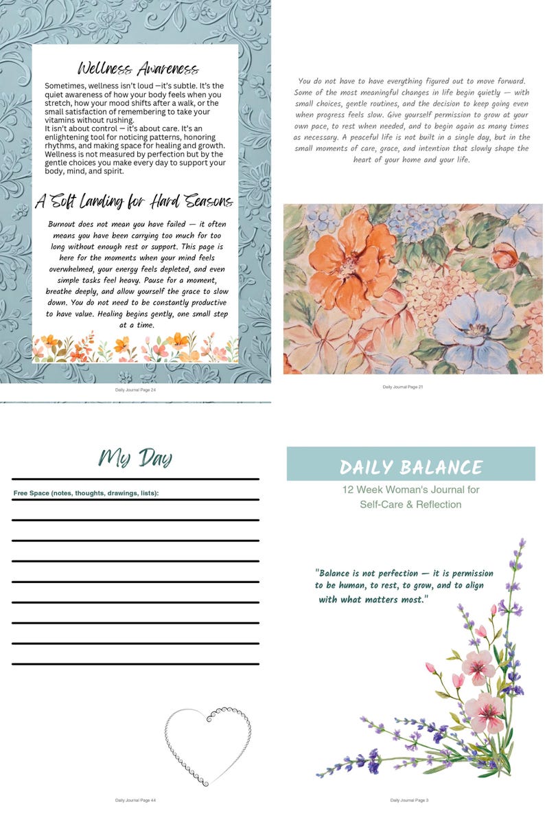 Op de afbeelding: Een dagboek met de titel "DAILY BALANCE" en de ondertitel "12 Week Woman's Journal for Self-Care & Reflection". Het dagboek bevat secties voor dagelijkse notities, aantekeningen en reflecties, met bloemenillustraties en inspirerende citaten.