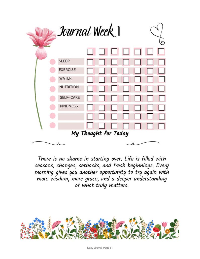 Op de afbeelding: Een journaalpagina met een roze bloemenontwerp en de tekst "Journal Week 1". Het bevat een gewoonte-tracker voor slaap, beweging, water, voeding, zelfzorg en vriendelijkheid. De pagina bevat ook inspirerende tekst en een bloemenrand.