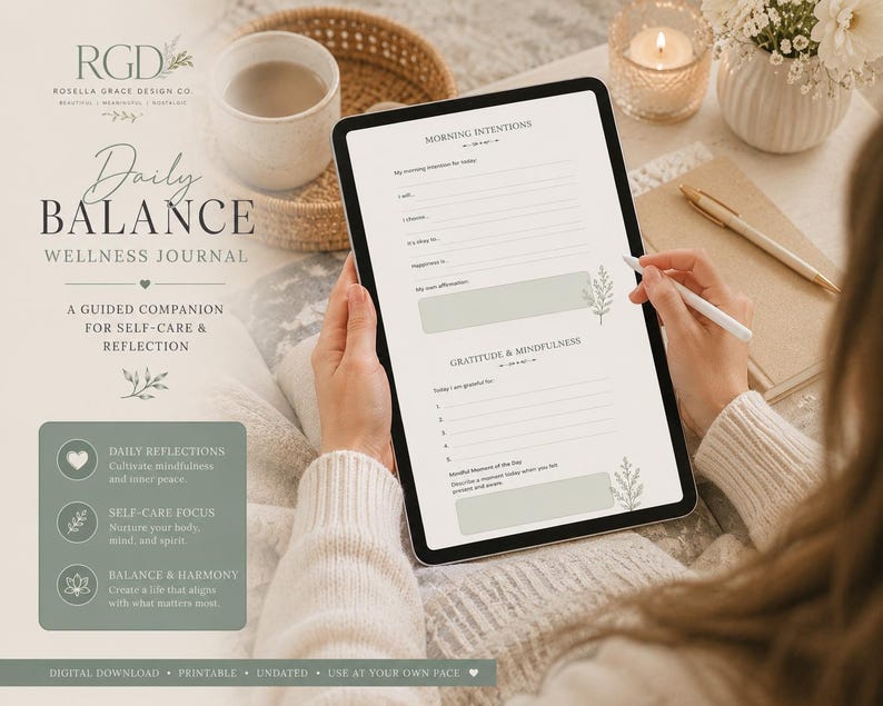 Op de afbeelding: Een digitaal wellness-dagboek op een tablet, met secties voor ochtendintenties en dankbaarheid. Het dagboek wordt vastgehouden door een persoon, met een pen in de hand, en is omgeven door een kopje, een kaars en bloemen. Het dagboek heet "Daily Balance".