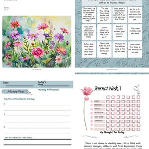 Op de afbeelding: Een dagboek met bloemenillustraties en prompts voor zelfreflectie. Bevat secties voor dagelijkse affirmaties, uitdagingen en wekelijkse journaling. Bevat prompts voor dankbaarheid, doelstellingen en zelfzorgpraktijken.