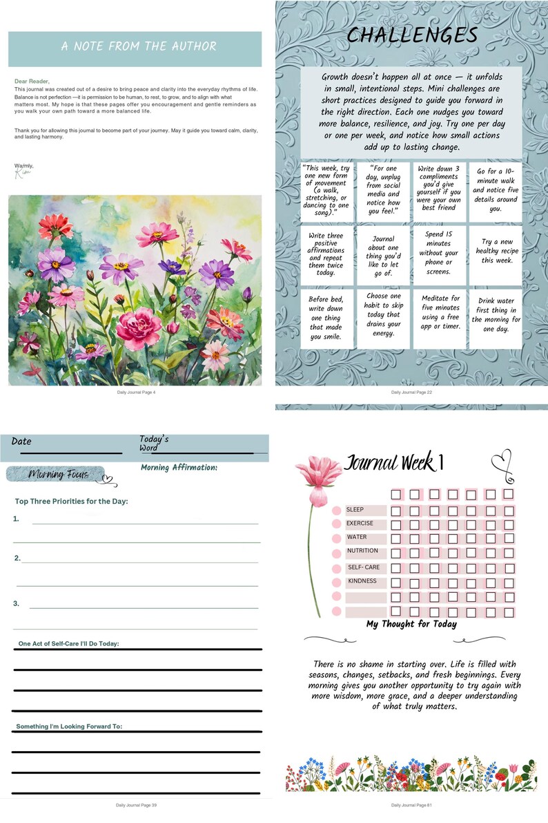 Op de afbeelding: Een dagboek met bloemenillustraties en prompts voor zelfreflectie. Bevat secties voor dagelijkse affirmaties, uitdagingen en wekelijkse journaling. Bevat prompts voor dankbaarheid, doelstellingen en zelfzorgpraktijken.