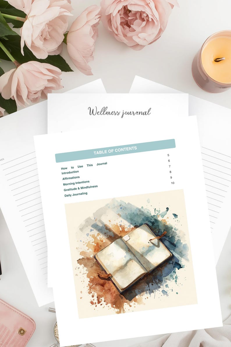 Op de afbeelding: Een wellness-dagboek met de titel "Wellness journal" in scriptlettertype. De inhoudsopgave bevat secties over affirmaties en dagelijks journalen. Een open dagboek met aquarelkunst is zichtbaar.