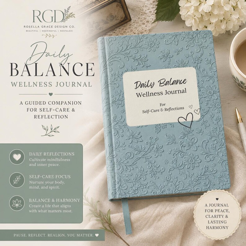 Op de afbeelding: Een lichtblauw "Daily Balance Wellness Journal" met een bloemreli&euml;f omslag. Het tijdschrift heeft een lintboekmerk en een wit label met de titel en de woorden "For Self-Care & Reflections". Het is een gids voor zelfzorg en reflectie.