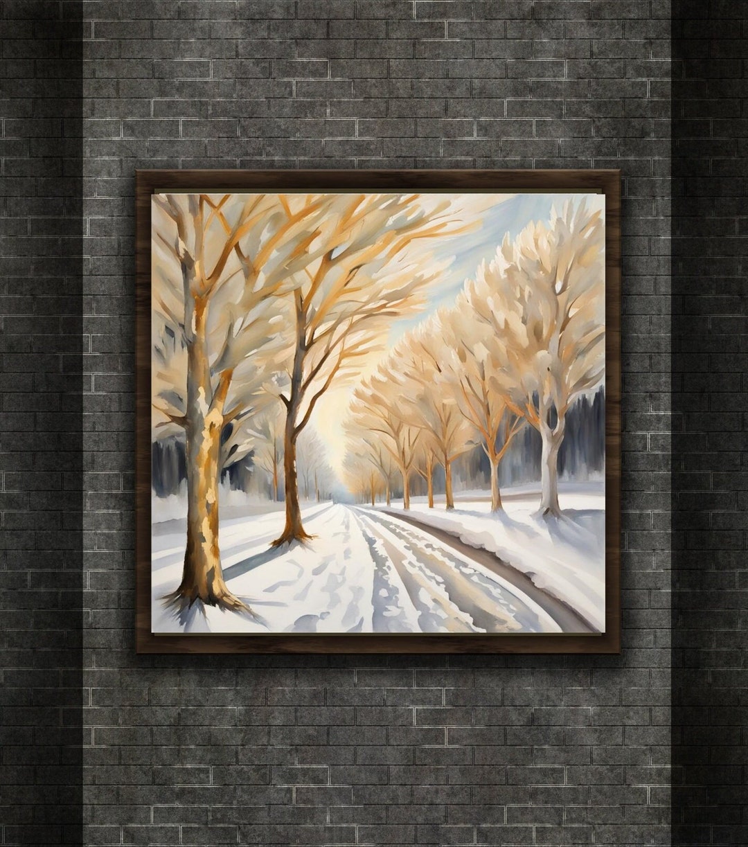 Framed Canvas Winter Snow Scene Wall Art Tree Lined Path Picture Living