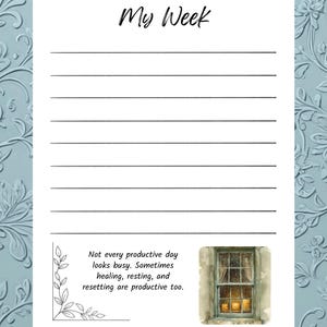 Op de afbeelding: Een journaalpagina met de titel "My Week" in zwart schrift. De pagina heeft gelijnde ruimtes om te schrijven en een aquarel van een raam met kaarsen. De tekst luidt: "Not every productive day looks busy."