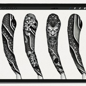 May include: Four black and white tattoo designs for the arm, featuring geometric patterns, a tiger, and a skull.