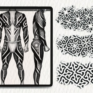 May include: A digital illustration of a male figure with a full body tattoo. The tattoo is a complex geometric pattern in black and white. The figure is shown from the front and side views.