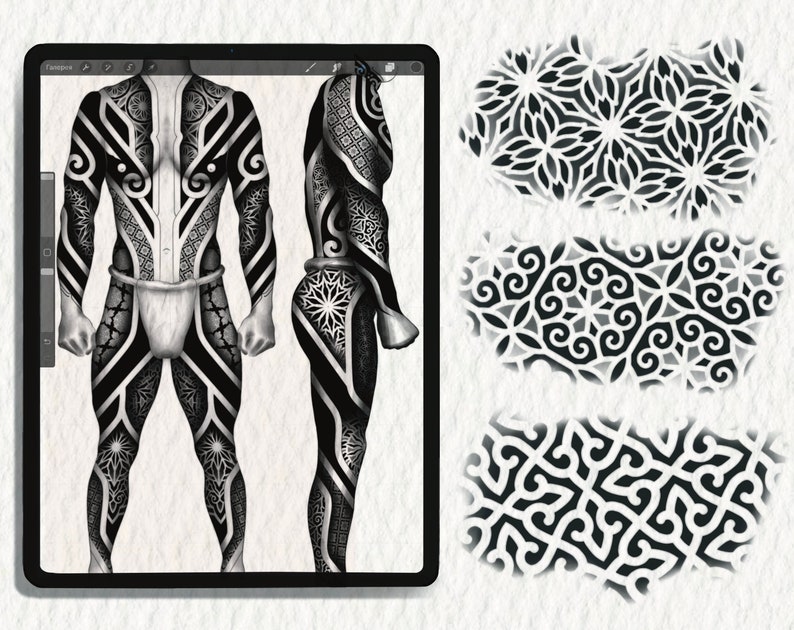 May include: A digital illustration of a male figure with a full body tattoo. The tattoo is a complex geometric pattern in black and white. The figure is shown from the front and side views.