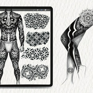 May include: A digital illustration of a full body tattoo design with geometric patterns and a mandala. The design is in black and white and features a stylized human figure with a detailed tattoo design.