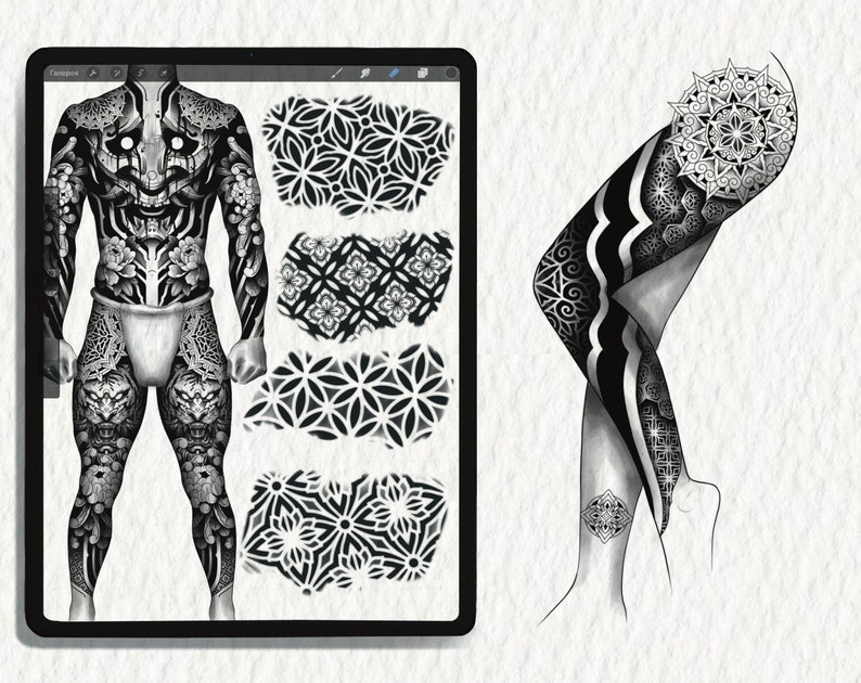 May include: A digital illustration of a full body tattoo design with geometric patterns and a mandala. The design is in black and white and features a stylized human figure with a detailed tattoo design.