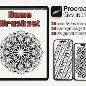 Puede incluir: Una ilustración digital de un conjunto de pinceles Procreate para crear diseños geométricos. El conjunto incluye 10 sellos de mandalas, 10 patrones sin costuras y 10 pinceles polinesios.