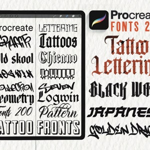 Puede incluir: Una ilustración digital de una pantalla de tableta que muestra una colección de fuentes de tatuaje. El texto en la pantalla dice "Procreate Fonts 200 Tattoo Fronts" e incluye varios estilos de fuente como "Graffiti", "Old Skool", "Lettering", "Tattoos", "Chicago", "Logwin", "Seven", "Geometry", "Black Work", "Japanese" y "Golden Dragon".