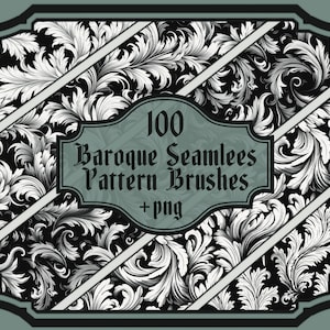 May include: A black and white image of 100 Baroque Seamless Pattern Brushes + png. The image features a decorative, ornate, floral design.