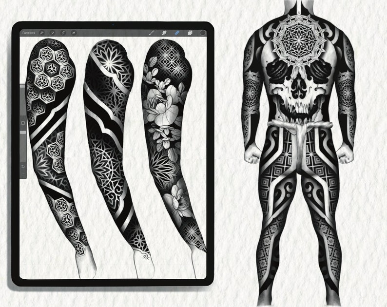 May include: Black and white tattoo design featuring a skull with geometric patterns on the back and arms. The design includes a mandala on the back and floral patterns on the arms.