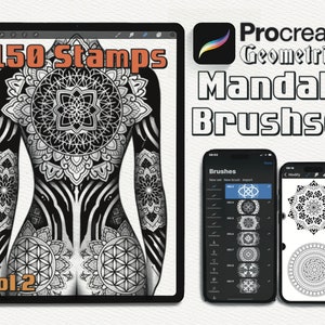 Op de afbeelding: Procreate Geometrica Mandala Brushset Vol. 2, een digitale penseelset voor het maken van ingewikkelde mandala-ontwerpen. De afbeelding toont het lichaam van een vrouw bedekt met zwart-witte mandala-patronen, een Procreate-app-scherm met de penseelset en een telefoonscherm waarop een mandala-ontwerp wordt weergegeven.