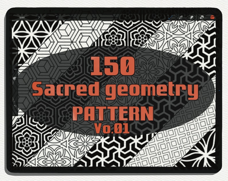 May include: A digital illustration of 150 sacred geometry patterns, in black and white, on a grey background. The text "150 Sacred Geometry Pattern Vol.01" is displayed in orange.