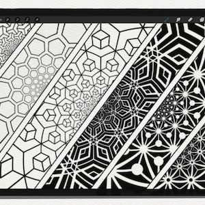 May include: A digital illustration of six different black and white geometric patterns. The patterns are arranged in a diagonal line, with each pattern getting smaller as it moves towards the bottom right corner of the image.