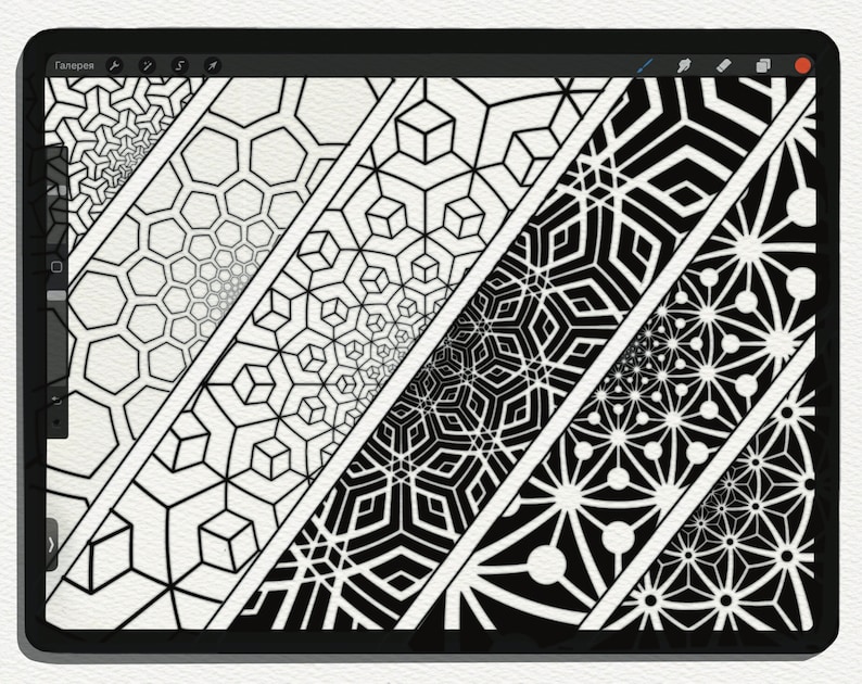 May include: A digital illustration of six different black and white geometric patterns. The patterns are arranged in a diagonal line, with each pattern getting smaller as it moves towards the bottom right corner of the image.