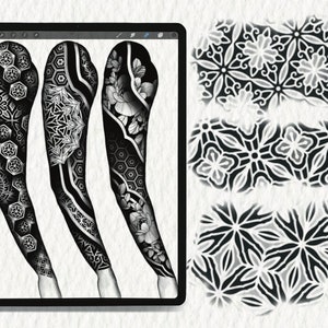 May include: Three black and white tattoo designs for the arm, each featuring a different geometric pattern. The designs are shown on a digital tablet screen.