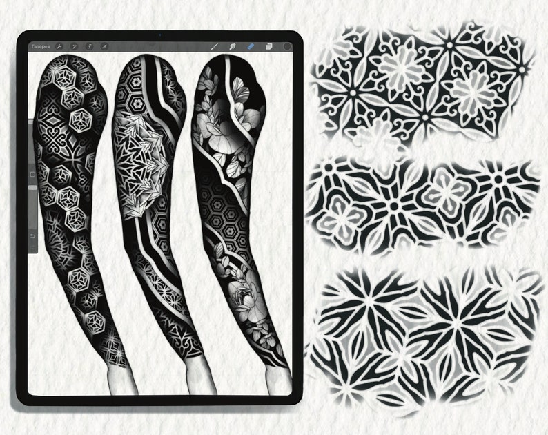May include: Three black and white tattoo designs for the arm, each featuring a different geometric pattern. The designs are shown on a digital tablet screen.
