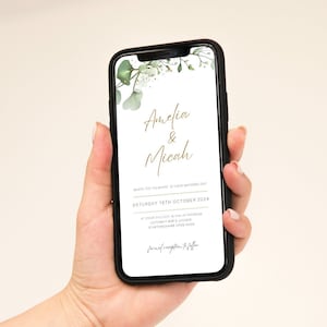 Digitale bruiloft uitnodiging sjabloon Canva, groen elektronische uitnodiging, Evite, Eucalyptus, minimalistisch, digitaal, Instant Download, bewerkbaar, Amelia