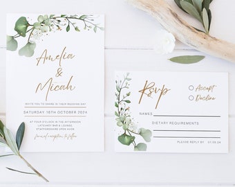 Greenery Wedding Invitation with rsvp, Canva, Invite Printable, Editable Template, Eucalyptus Wedding, Instant Download, Invitation Suite