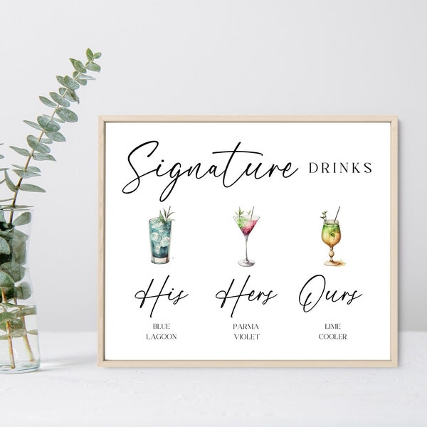 Wedding Drink Menu His Hers Ours, Signature Cocktail Sign Bride Groom Template, Reception Table Top, Canva Editable Instant Download, DIY