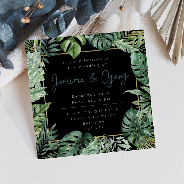 Beautiful Wedding Invitation Template With Leaves, Tropical Themed Reception Stationery, Destination Celebration, Canva Instant Download,DIY