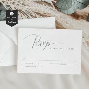 Testo del modello di carta Rsvp, modello di carta di matrimonio Rsvp minimalista moderno, carta di matrimonio con risposta gentile per matrimonio, modello Canva di cartolina postale Rsvp, fai da te