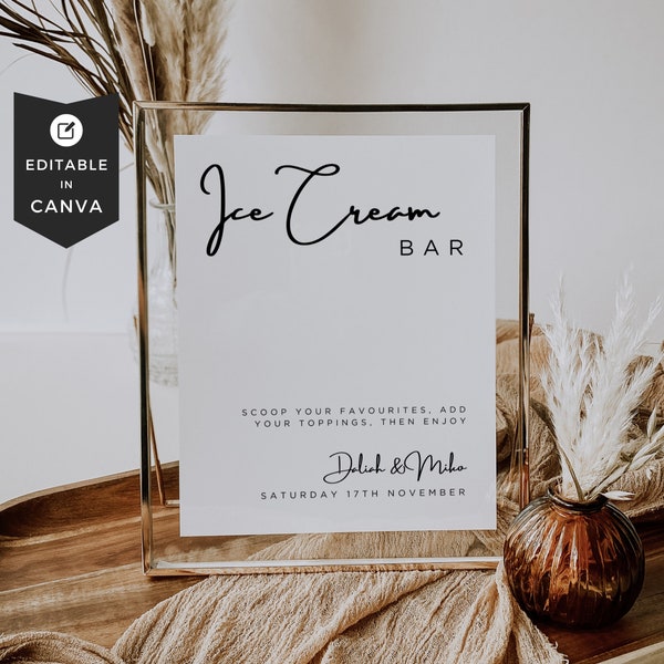 Ice Cream Bar Menu, Minimalist Ice Cream Bar Sign Wedding, Dessert Bar Menu Template, Ice Cream Station Signage, Dessert Table Wedding Canva