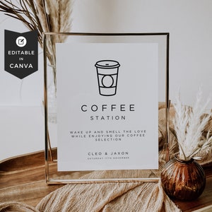 Kaffee Tee Tischschild, Kaffeebar Menü Schild, Kaffeebar Schild Vorlage, Hochzeit Frühstück Schild für heiße Getränke, Minimales Getränk bearbeitbar Canva DIY