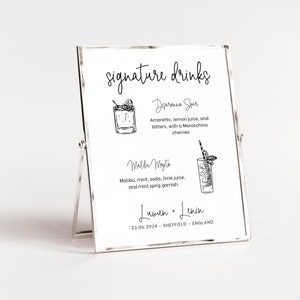 Minimalistyczny podpis koktajlowy, menu baru weselnego, oznakowanie drinków na przyjęcie, szablon drinka do wydrukowania, pobieranie Canva, panna młoda DIY, czyste