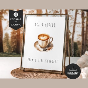 Coffee Bar Schild für Hochzeiten, Gastgeschenke Hochzeitsschild Kaffee, Tee und Kaffee Hochzeit, Canva Vorlage, Aquarell Illustrationen, rustikal im Freien