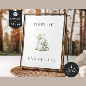 Hochzeitstorte-Schild, Lets Eat Cake-Schilder, bearbeitbare Canva-Vorlage, Empfangstisch, Aquarell-Illustrationen, rustikal im Freien, 8 x 10 5 x 7